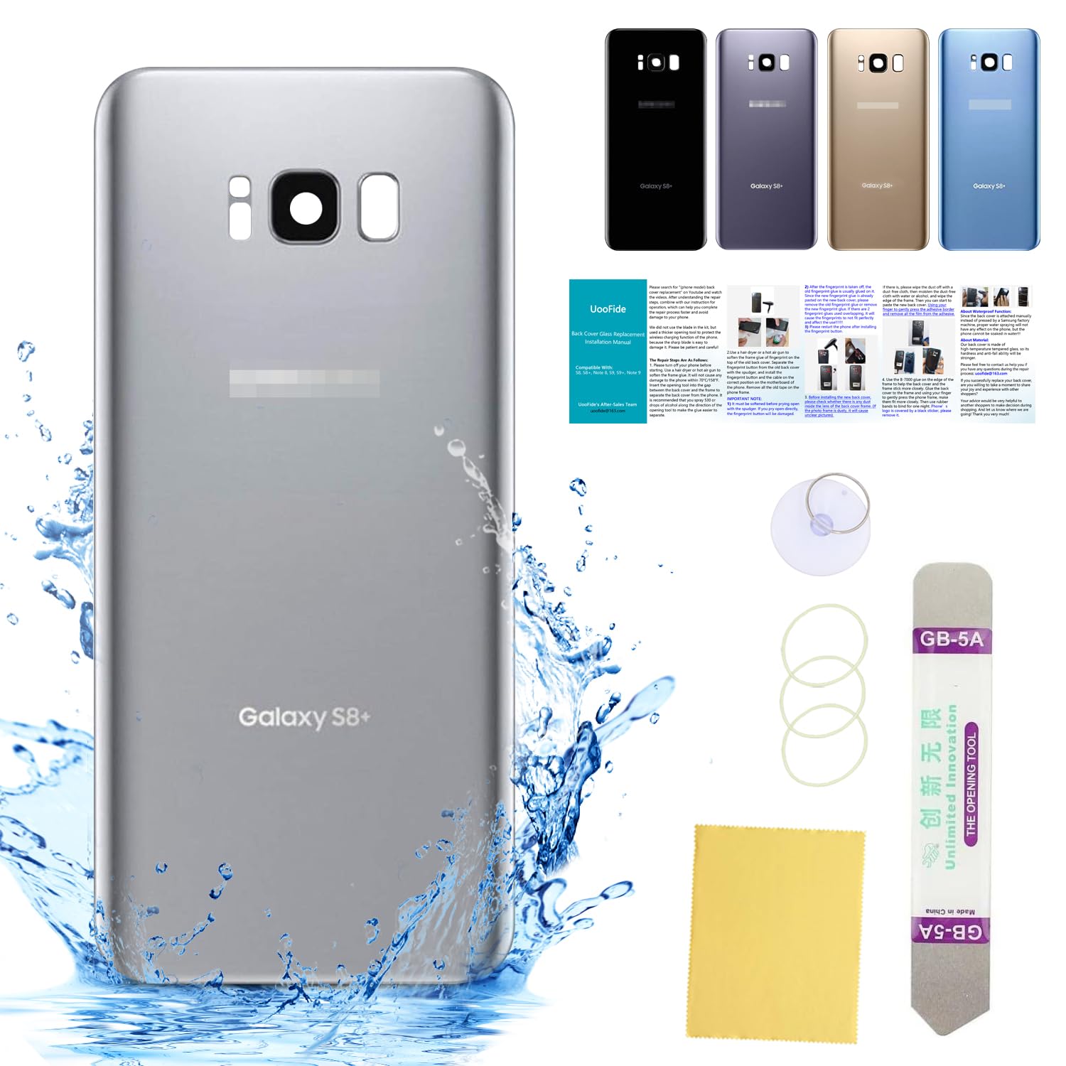 UooFide Compatible for Samsung Galaxy S8+ Plus Replacement Back Glass Cover 6.2-Inches SM-G955 All Carriers with Installation Manual + Repair Tool Kit (Arctic Silver)