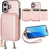 Bocasal RFID Blocking Wallet Case for iPhone 16, Adjustable Crossbody Zipper Purse Case Card Holder with Kickstand Detachable Wrist Strap, PU Leather Flip Folio Case 6.1 Inch 5G (Rose Gold)