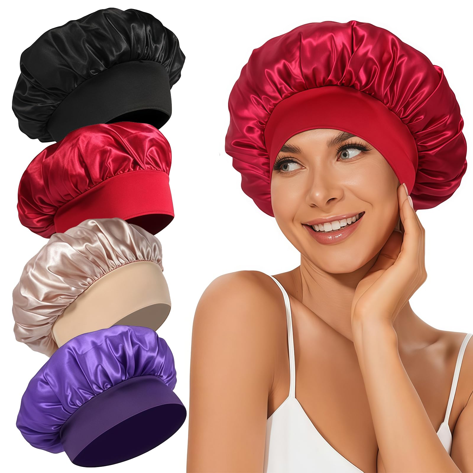 Photo 1 of 4Pcs Satin Bonnet Silk Bonnet, Hair Bonnet for Sleeping, Elastic Wide Band Silk Sleep Cap, Soft and Breathable (Black Red Purple Gold)