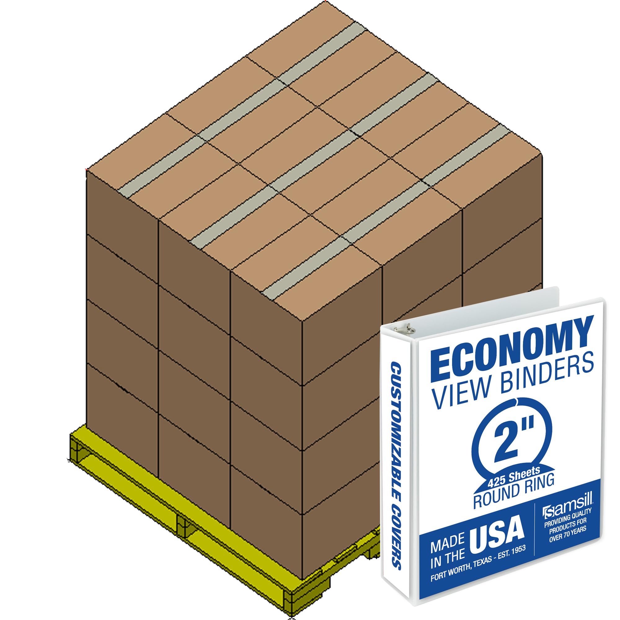 Samsill Economy 2 Inch 3 Ring Binder Bulk Pallet, Made in The USA, Round Ring Binder, Customizable Clear View Cover, White, Pallet of 432 Binders in 36 Cartons Image