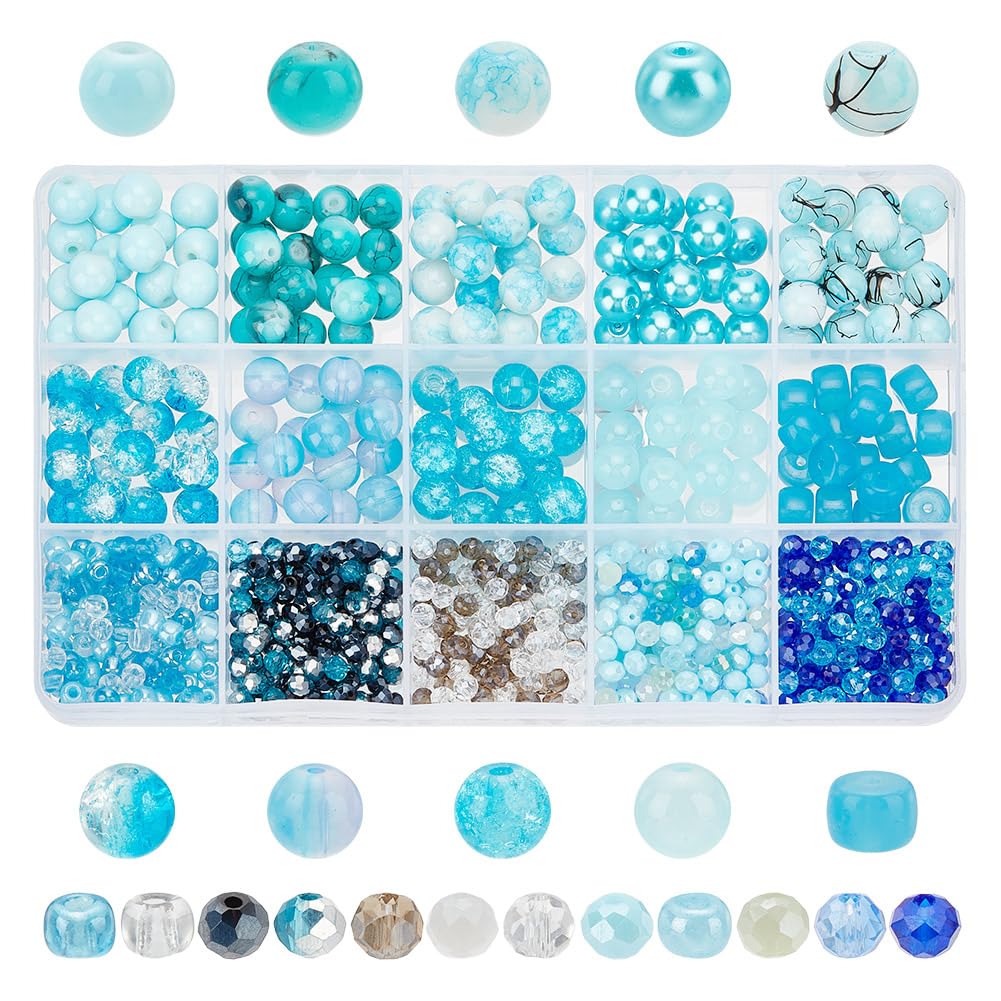 HOBBIESAY 770pcs 6 Styles Blue Glass Beads for Jewelry Making - Sea Glass, Crackle, Round Beads for Bracelet, Earring, Necklace Supplies
