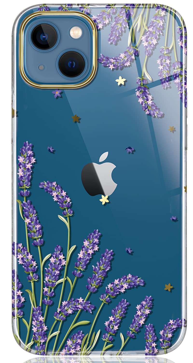 Photo 1 of BAISRKE Compatible with iPhone 13 Case,Clear Case with Flowers,for Girly Women,Shockproof Floral Pattern Hard Back Cover for iPhone 13 Case 6.1 inch 2021 - Lavenders