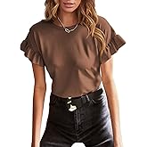 EVALESS Womens Summer Casual Short Sleeve Tops Ruffle Basic T Shirts Round Neck Solid Knit Loose Fit Tee Blouses
