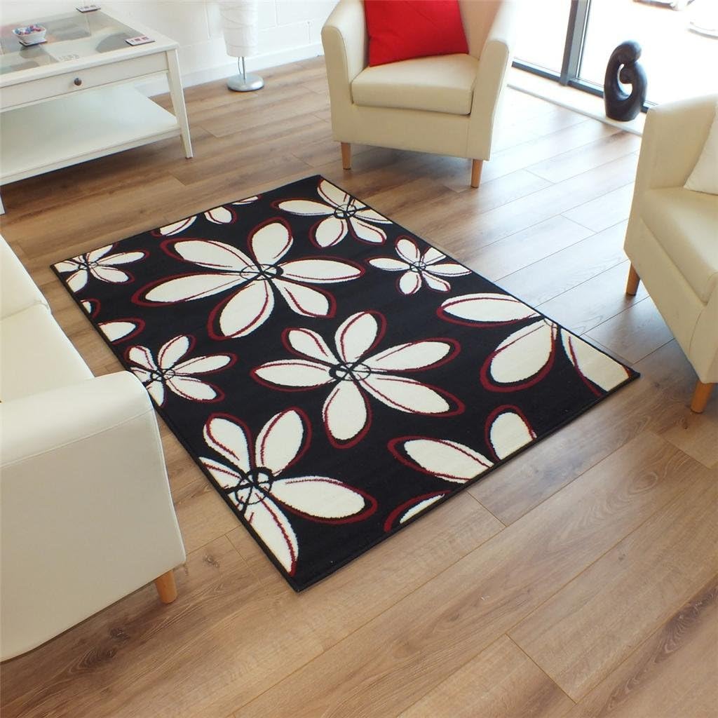 Large Modern Austin Daisy Rug In Black Cream & Red 1.6m X 2.3m (5'3 X 7'6 Approx) Amazon.co.uk