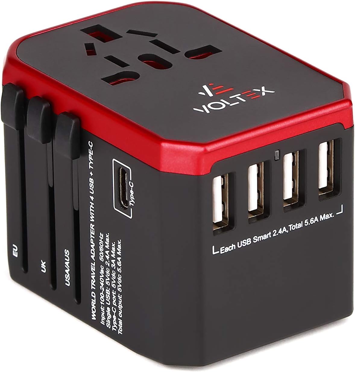 Universal Travel High Power Adapter VOLTEX Worldwide International USB Wall Charger AC Plug Adaptor 5.6A Smart Power USB Fast Charger 3.0A USB Type-C for USA EU UK AUS Cell Phone Tablet PC (Black/Red)