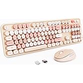 Wireless Keyboard and Mouse, Full-Size Typewriter Keyboard with Retro Round Keycaps, Ergonomic Design, Compatible with Windows PCs, Ideal for Home and Office. (Milk Tea)