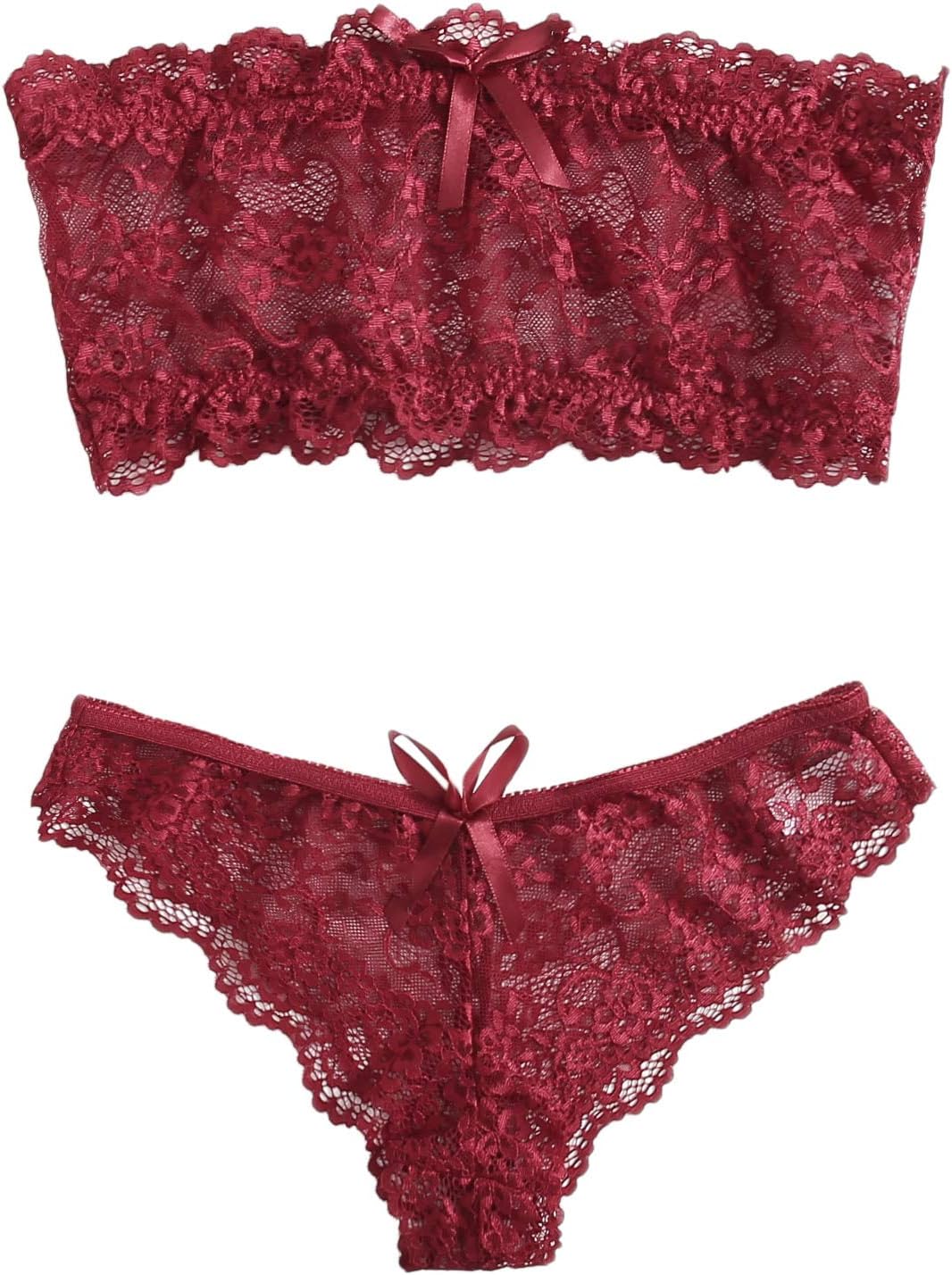 SheIn Women's Floral Lace Bandeau Straplees 2pcs Bra and Panty Lingerie