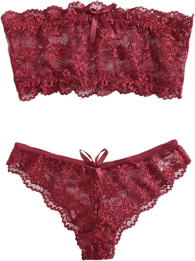 SheIn Women's Floral Lace Bandeau Straplees 2pcs Bra and Panty Lingerie
