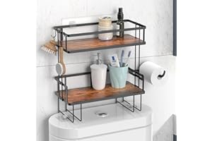 FLOLXNB 2 Tier Bathroom Storage Shelf, Wooden Toilet Shelf Organizer, Over The Toilet Storage Shelf,Toilet Storage Rack with Paper Holder and Hooks, No Drilling Wall Mounted Storage Rack, Black