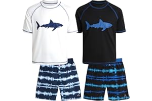 Big Chill Boys Rash Guard Set - 4 Piece UPF50+ Sun Protection Quick Dry Short Sleeve Swim Shirt & Swim Trunks Set (Size 4-14)