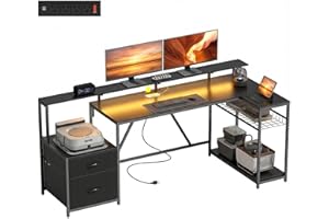 HOMCOM 76" Gaming Desk, Reversible Computer Table with RGB Lights, Power Outlets, USB Ports, Monitor Stand and 2 Fabric Drawe