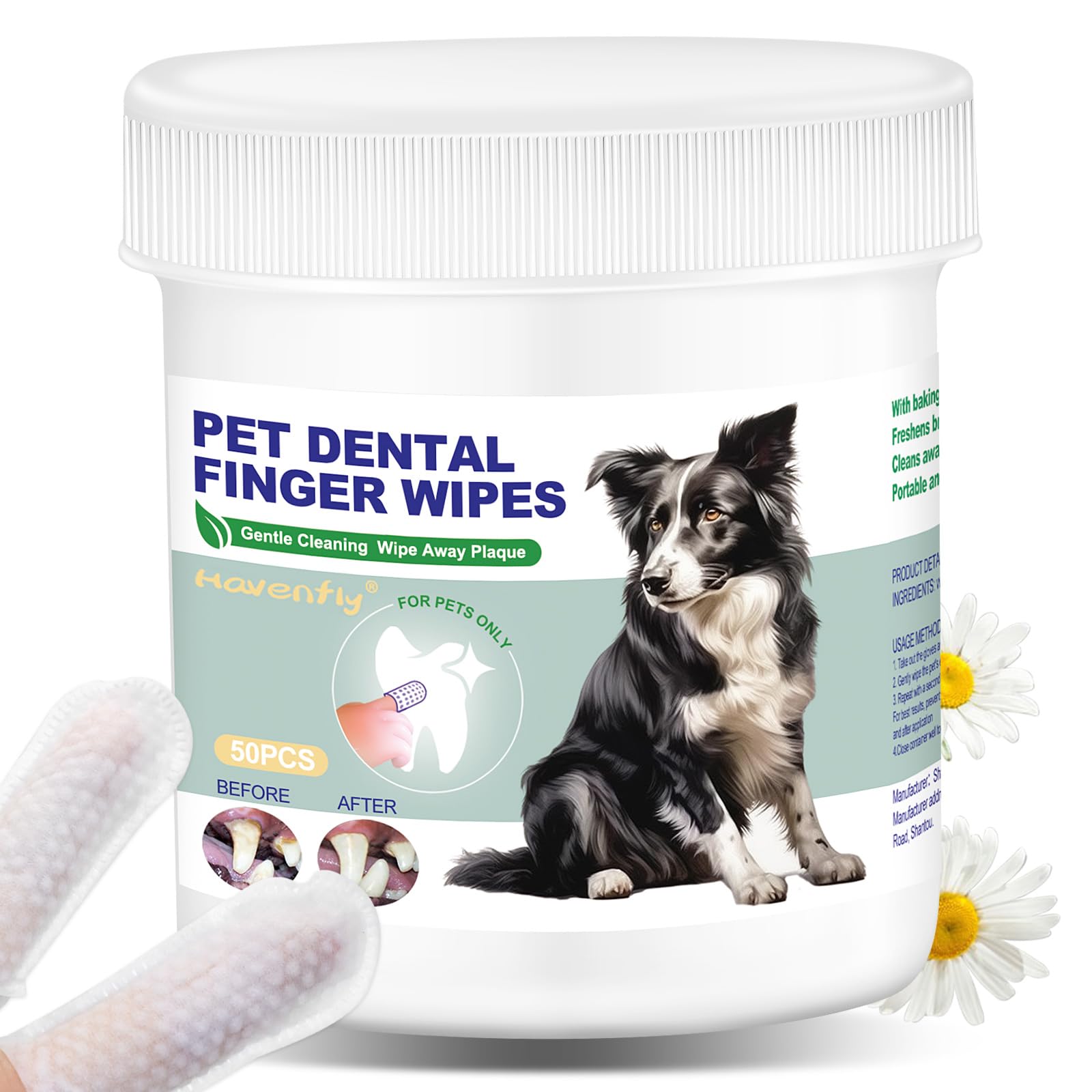 View 1 of ** 3/1/2027***Havenfly Pet Teeth Cleaning Finger Wipes for Dogs & Cats, Dog Dental Wipes for Removing Plaque and Tartar Buildup, No-Rinse Disposable Gentle Cleaning & Gum Care Pet Wipes, 50 Counts