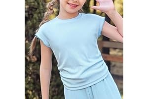 Girls Sleeveless Ribbed Knit T Shirt Crew Neck Wide Bound Armholes Casual School Travel Layering Top Outfit