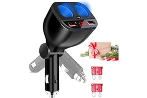 Car Cigarette Lighter Adapter 5 in 1, 120W 2 Socket Cigarette Lighter Splitter with LED Voltmeter, 18W QC & 30W USB C Fast Ch