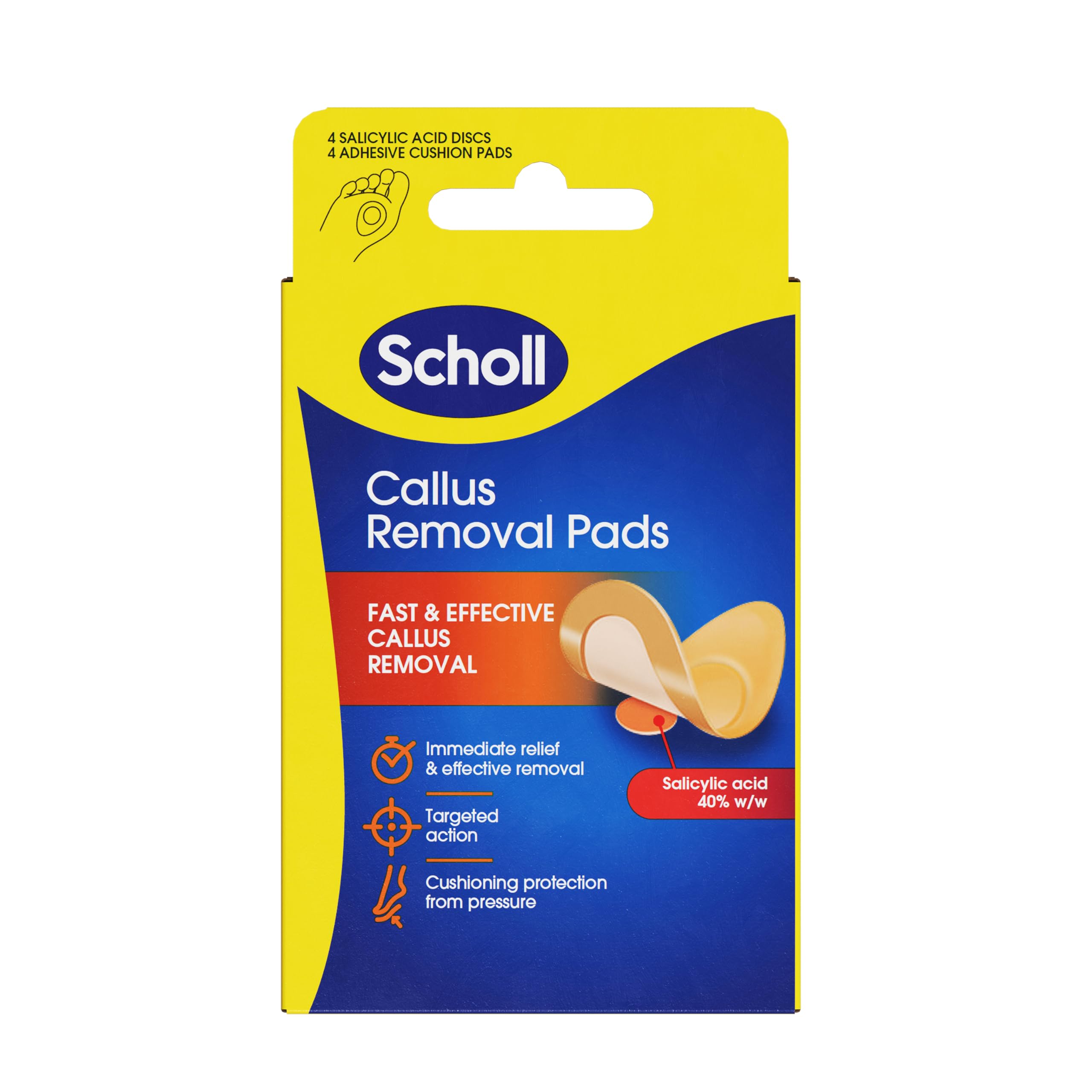 Scholl Callus Remover Pads for Feet - Targeted Action with 4 Salicylic Acid Discs and 4 Adhesive Cushion Pads for Fast & Effective Callus Removal, Soft Pads for Immediate Protection from Rubbing