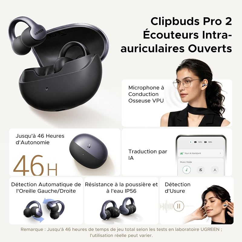 ClipBuds Pro 2 Écouteurs Sans Fil Sport Traduction par IA Hi Res 46H
