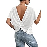 RoseSeek Women's Backless Twist Knot T Shirt Oversized Solid Short Sleeve Tees Open Back Asymmetrical Hem Casual Tops