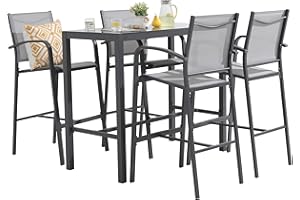 OC Orange-Casual 5-Piece Patio Bar Set, All-Weather Aluminum Textile Fabric Outdoor High Top Dining Table and Chairs, 4 Metal Bar Height Stools with Glass Top Bar Table, for Porch, Garden, Dark Grey