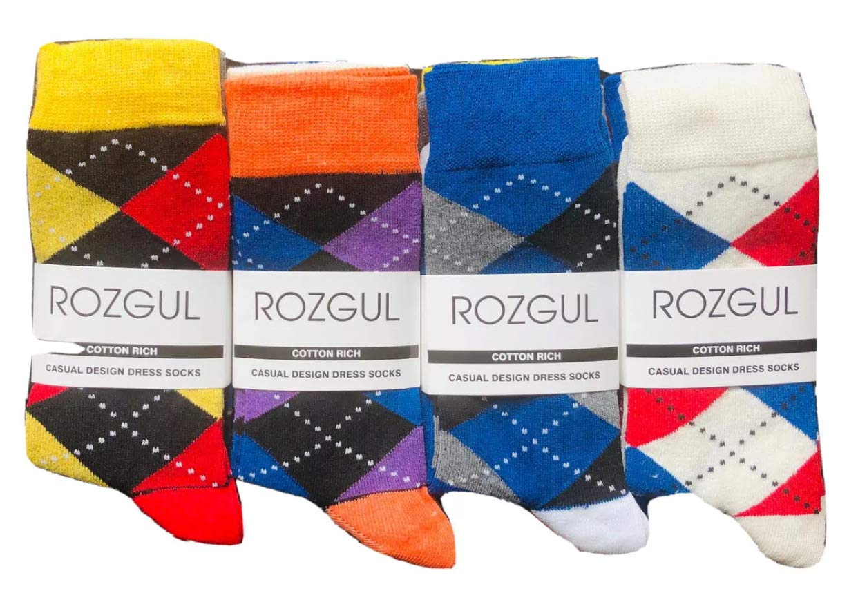 6 Pairs Mens Bright Argyle Diamond Cotton Rich Lycra Design Socks Size 6-11 Christmas Socks, Rozgul®