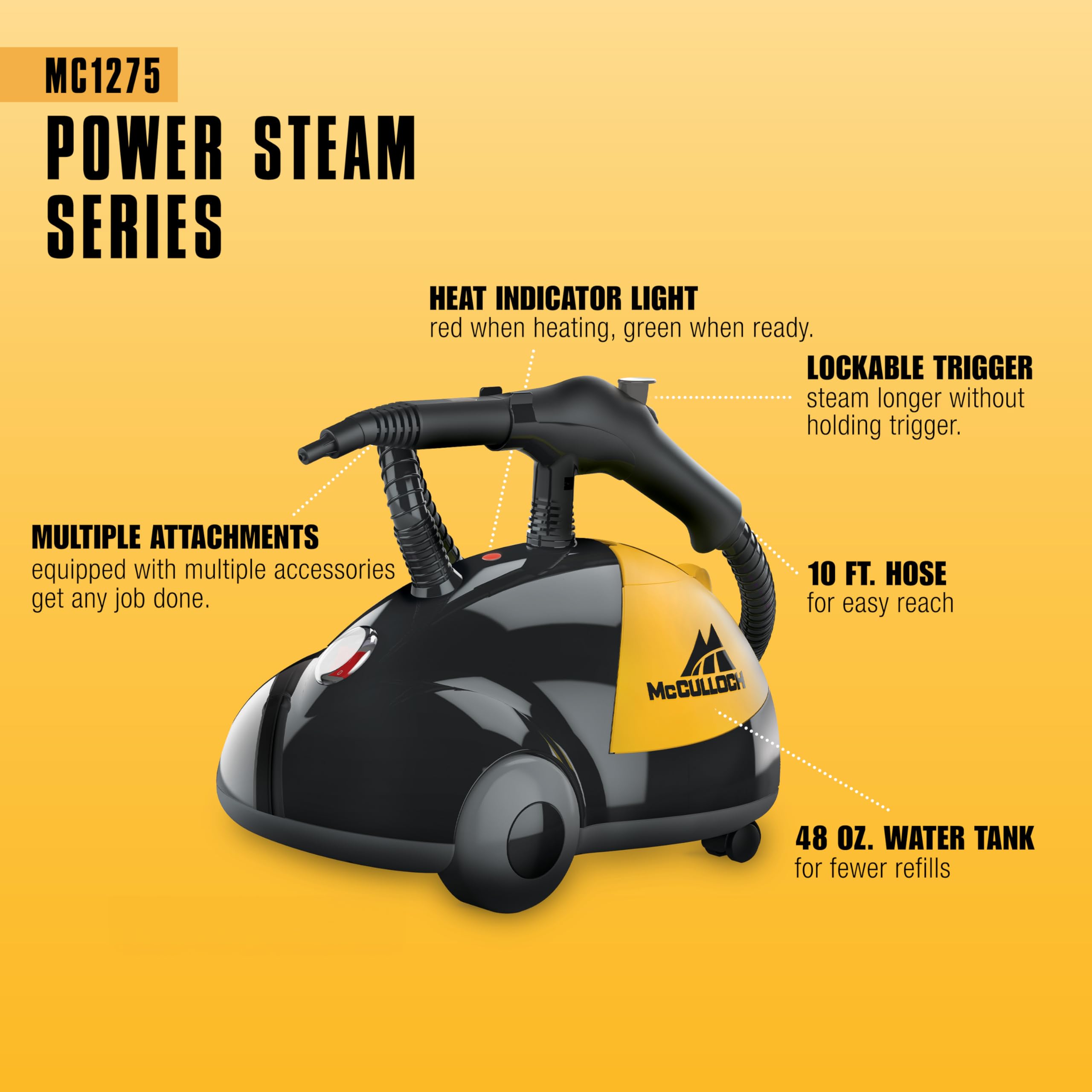 McCulloch MC1275 Heavy-Duty Steam Cleaner, 45 Minute Runtime, 18 Accessories: Mop Head, Brushes, & More - Built for Home, Tile, Grout, Carpet, Furniture, & Personal Car Detailing