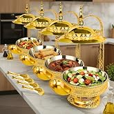 8QT Gold Chafing Dishes for Buffet,Elegant Hollow-Out,Basket with Clips,Exquisite lid and Food-Grade Stainless Steel Buffet Chafers Catering Food Warmers for Parties, Catering &amp; Events,4 Pack