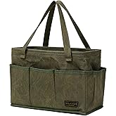 Tool Bag with Metal Frame, Waxed Canvas Wide Open Top Tool Tote Bag with 9 External Pockets, 15.5 x 7.5 x 10.5 Inches (ArmyGreen)