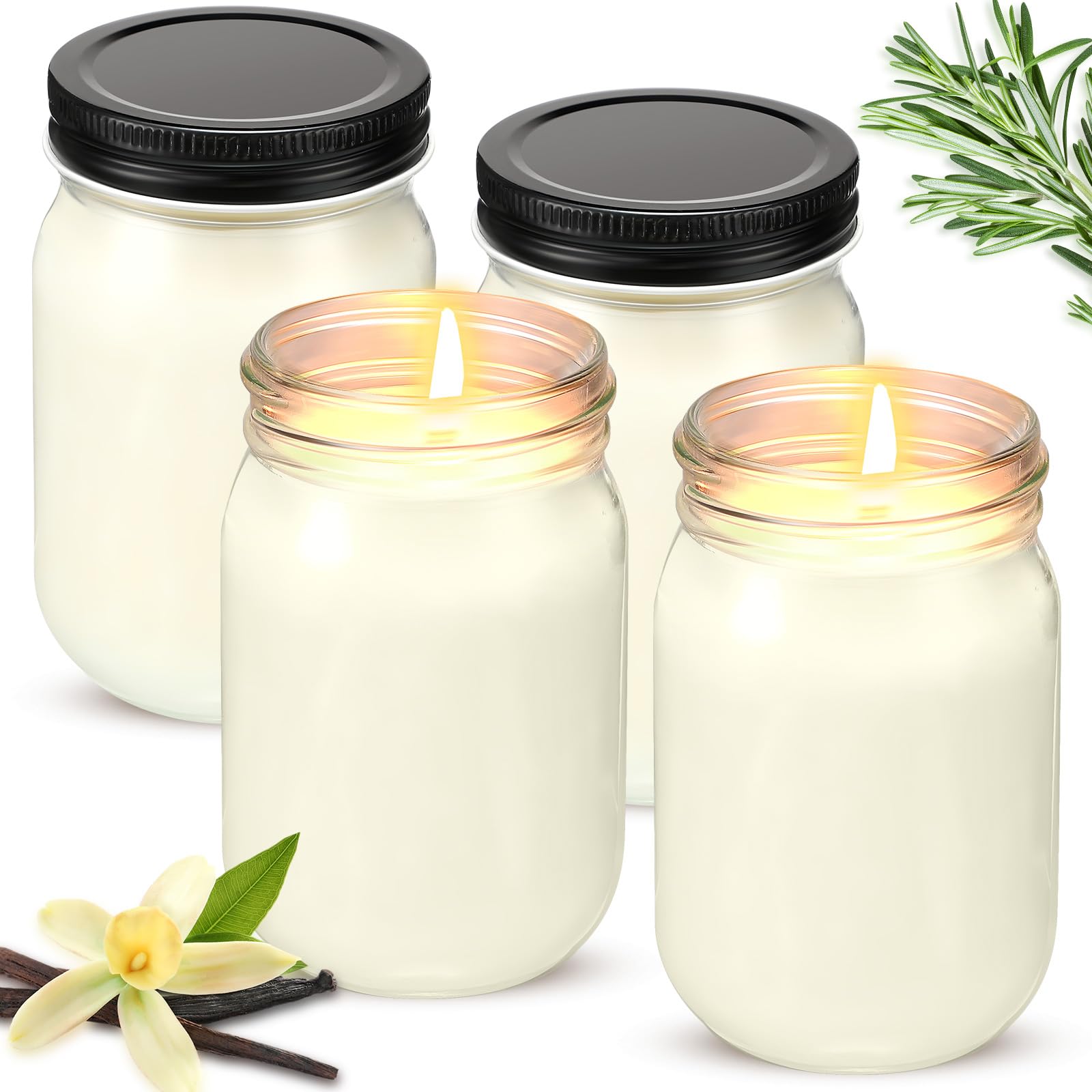 Photo 1 of MTLEE 4 Pack 12 oz Mason Jar Soy Candle with Essential Oils Scented Soy Wax Candles for Home Valentine Wedding Birthday Gift Farmhouse Collection Baby Shower Party(Vanilla)