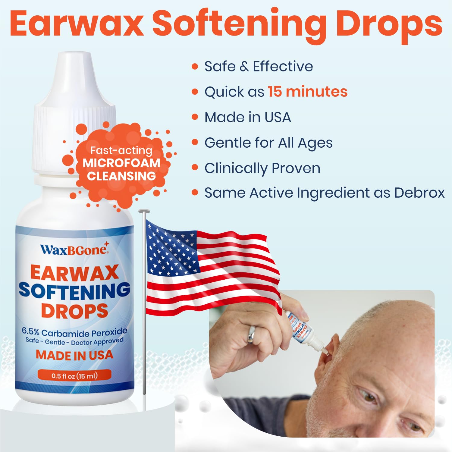 WaxBgone Earwax Removal Kit with Drops, Large 2-oz Ear Bulb Syringe & 3 SoftSpray Tips - Safe & Effective Ear Cleaning Kit - Wax Softening Formula Dissolves Earwax with Gentle Foaming Action - 0.5 Oz