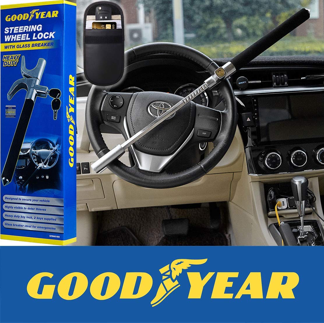 Goodyear Heavy Duty Steering Wheel Lock with 2 Keys Plus RFID Car Fob Signal Blocker Case Pack - Works with All Makes and Models