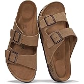 Project Cloud 100% Genuine Leather Mens Sandals - Memory Foam Insole & Cork Footbed Slides for Men Footwear - Non-Slip Summer Sandals for Men & Lightweight Mens Slides (Heritage)