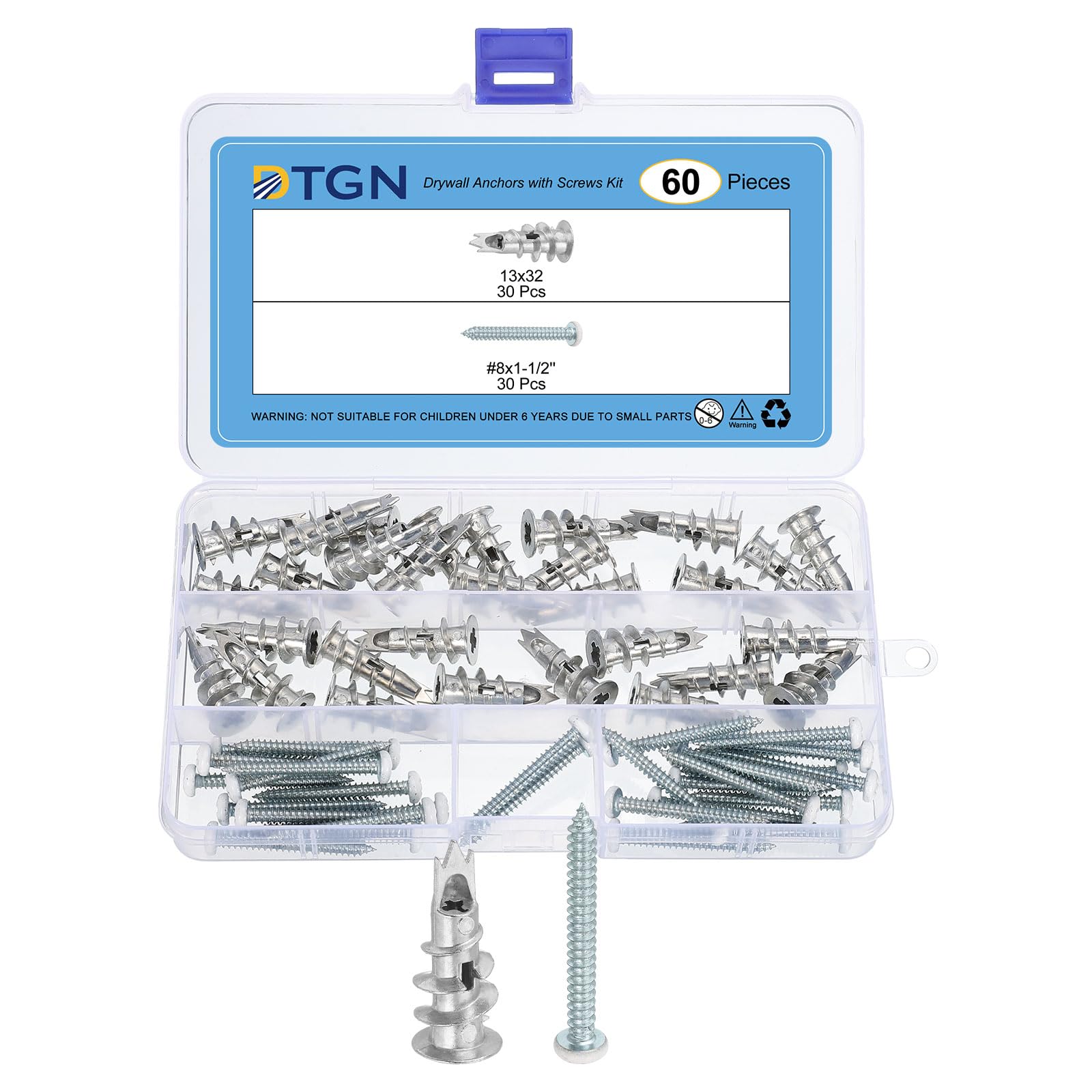 DTGN 1/2"x1-1/4" Self-Drilling Drywall Anchors with Screws Kit - 30 Set - Good for Concrete Tile Cement - Zinc Alloy Hollow Wall Anchors Kit with Screws