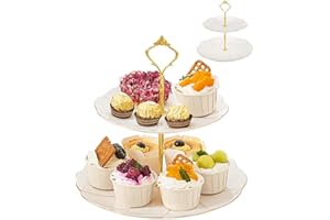 DUJUST Luxury Porcelain 2-Tier Cupcake Stand Tower, British Style Serving Tray with Golden Trim, Food Grade Dessert Display S