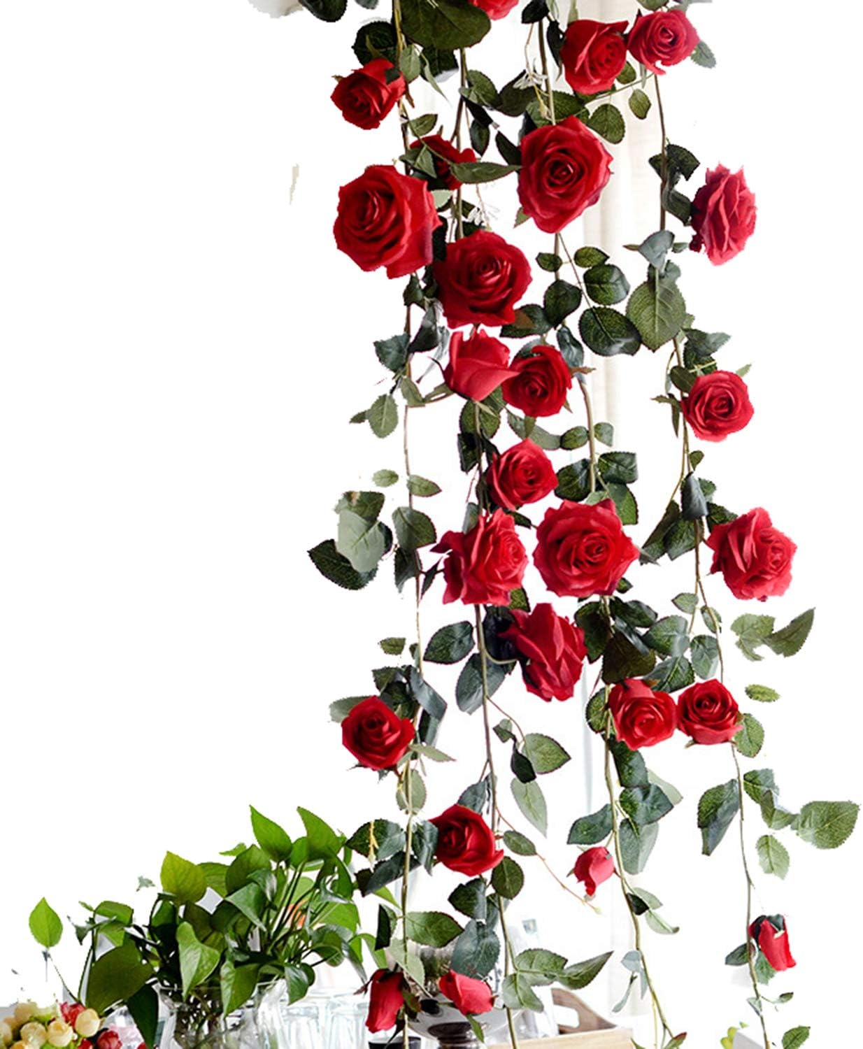 Amazon Com 180cm Artificial Rose Flower Ivy Vine Wedding Decor Real Touch Silk Flowers String With Leaves For Home Hanging Garland Decor Red Home Kitchen