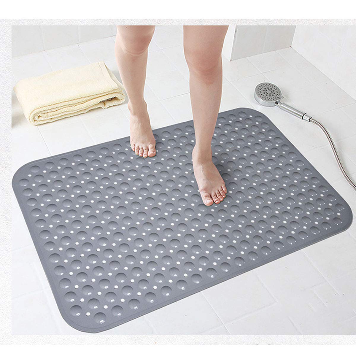 Bathsafe Extra Wide 90x60CM Non-Slip Soft Bath Mat Anti Slip TPR Shower Mat with Strong Suction Cups Non Skid Mats for Bathroom Toilet Hotel, Anti-Bacterial Safety Bathtub Mat,Grey