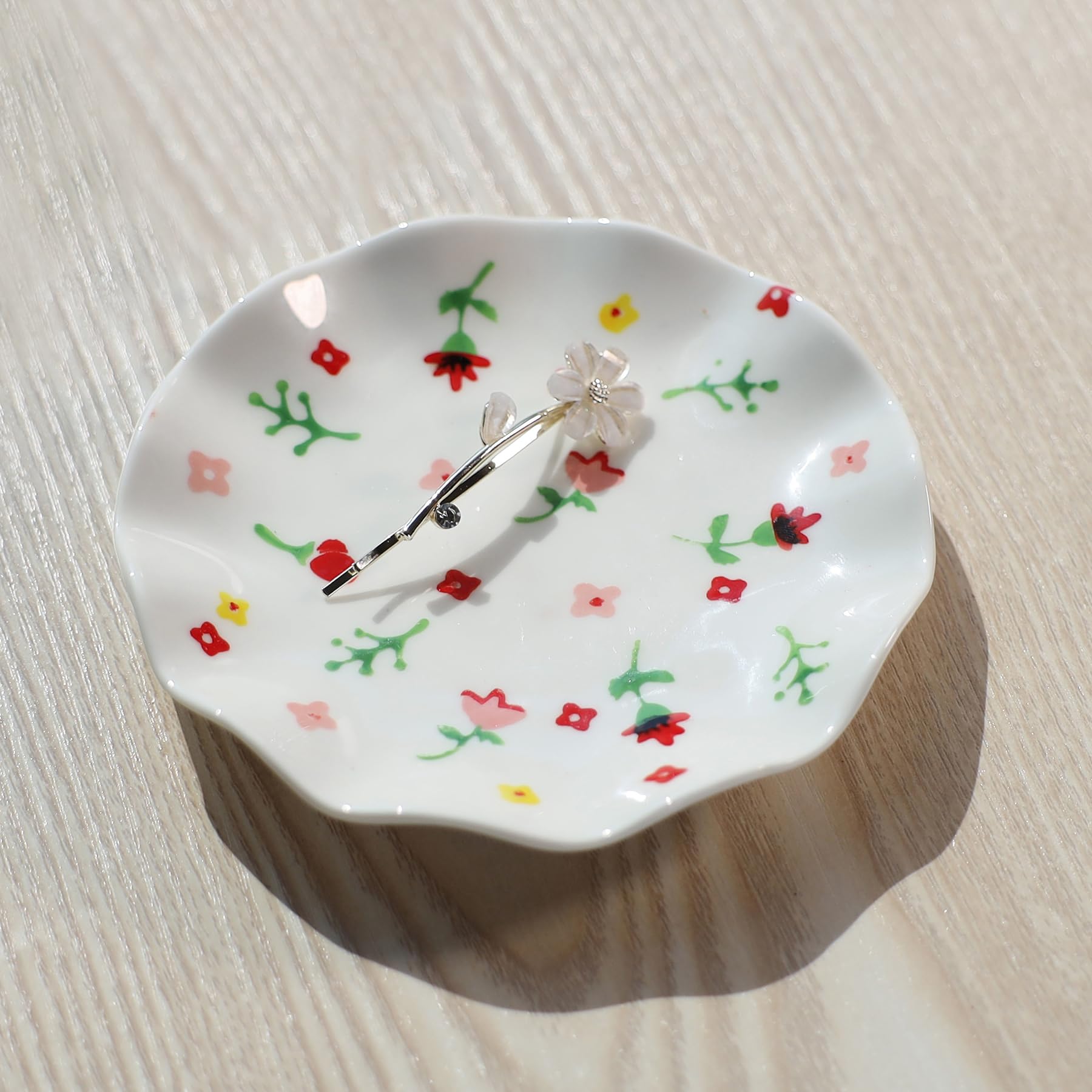 Handpainted Flower Ring Dish,Small Key Bowl,Ceramic Trinket Tray Jewelry Dish Organizing Necklace Earrings for Mom Friend Sister