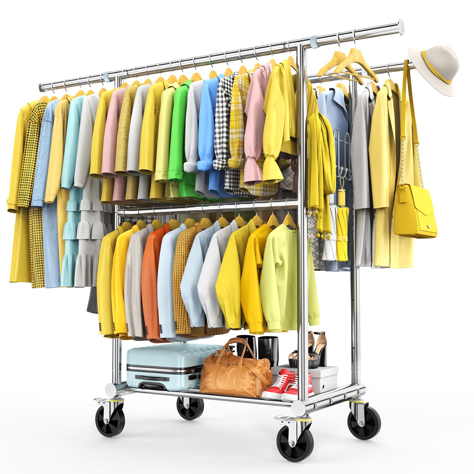 Photo 1 of 100% Stainless Steel Heavy Duty Clothes Rack Load 960LBS, Three Rods Clothing Racks for Hanging Clothes Extendable?Rolling Garment Rack With Sturdy Wheels Shelves Hooks, Portable Closet Wardrobe Rack