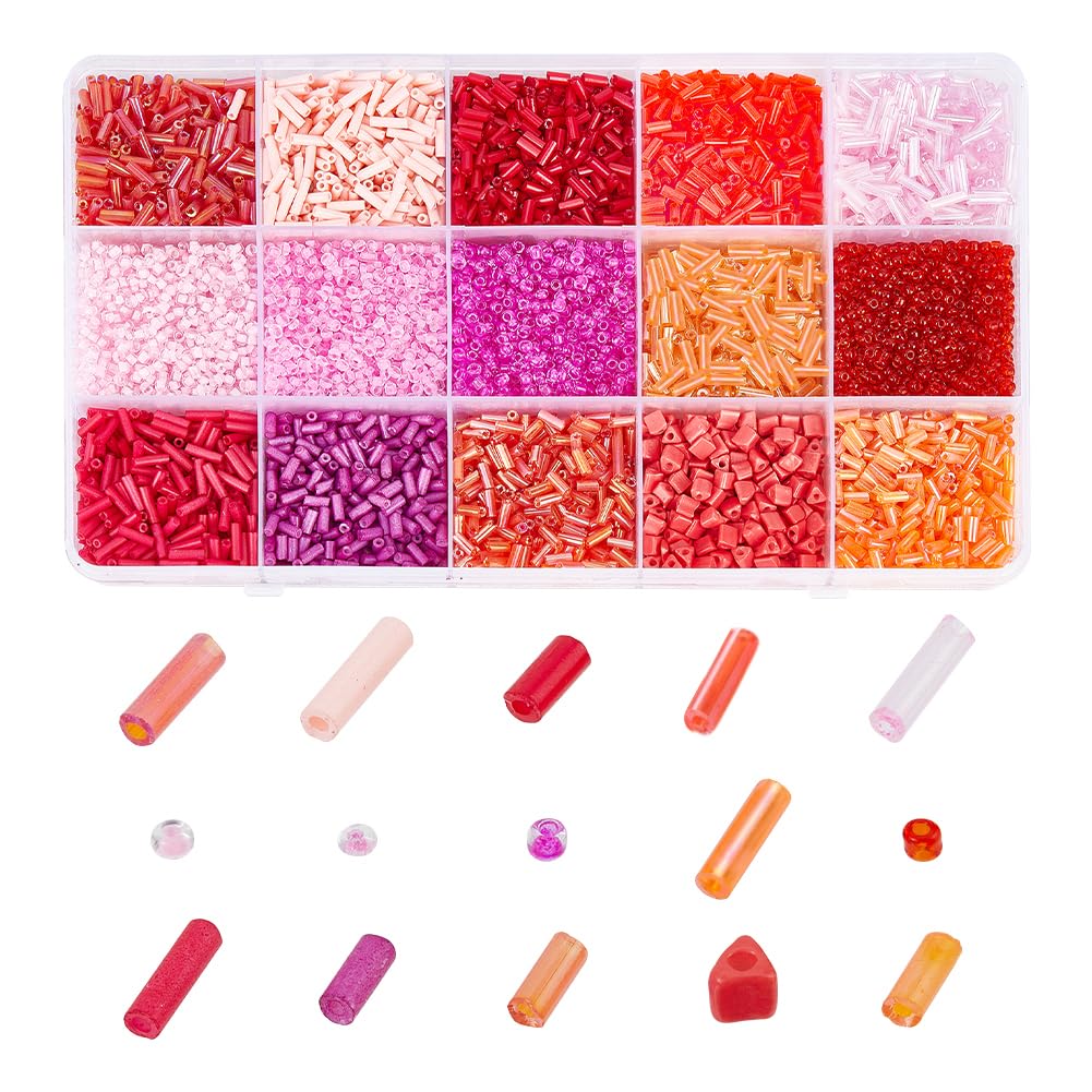 GOMAKERER 225g 8218 Pcs Red Series Glass Bugle Seed Beads, Mixed Styles Long Tube Round Seed Beads Loose Spacer Bead Transparent Bulk Beads for DIY Crafting Jewelry Making