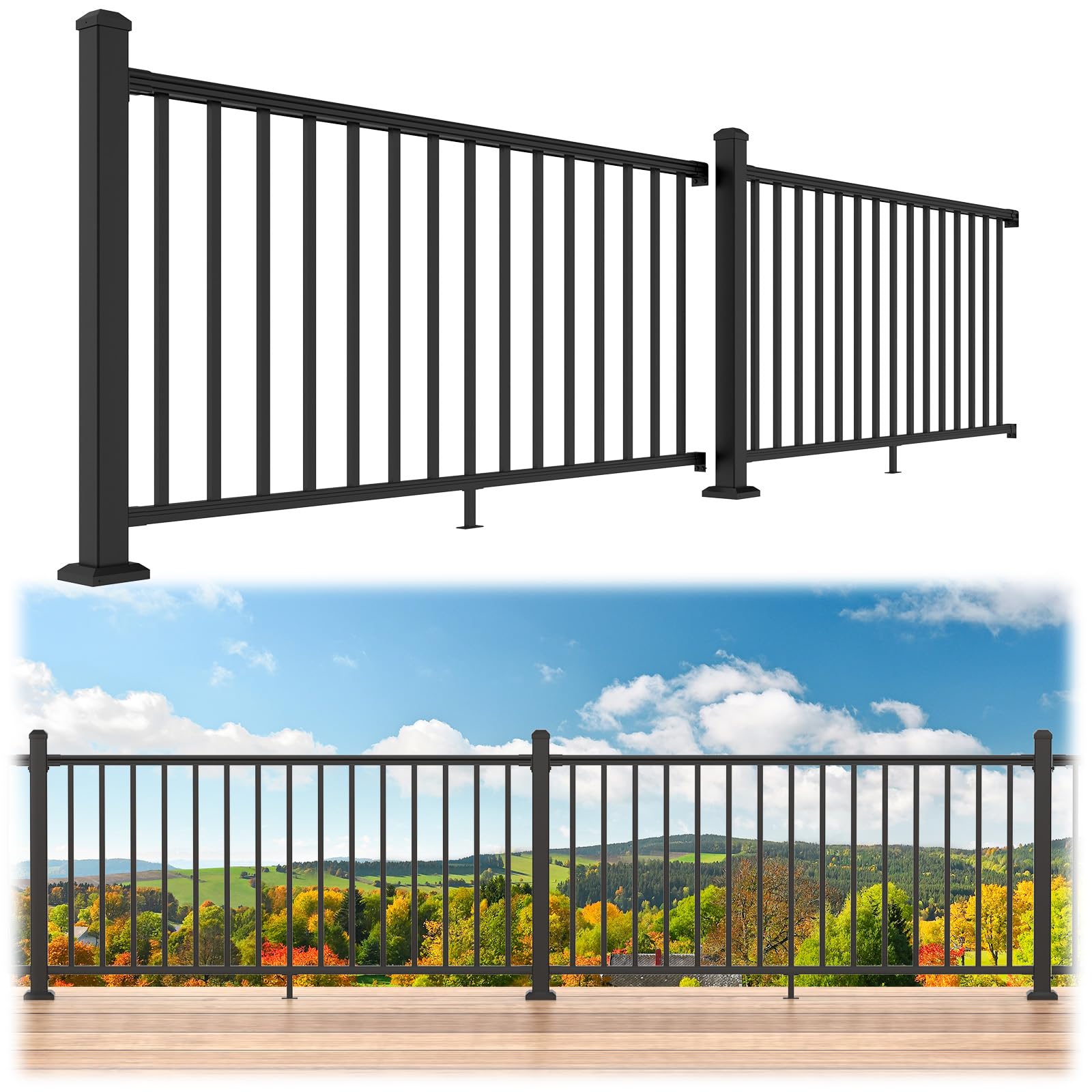 Photo 1 of Egadis 36 in. H x 12 ft. W Porch and Deck Railing Kit, Aluminum Railing Kit, Black Textured AAMA 2604 Powder-Coat Finish Railing System for Outdoor Decks, Porches & Balconies (2 Post, 2 Panel)