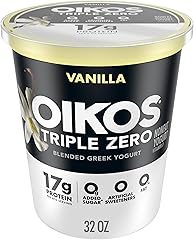 Oikos Triple Zero Vanilla Nonfat Greek Yogurt Tub, 0% Fat, 0g Added Sugar and 0 Artificial Sweeteners, Just Delicious High Pr