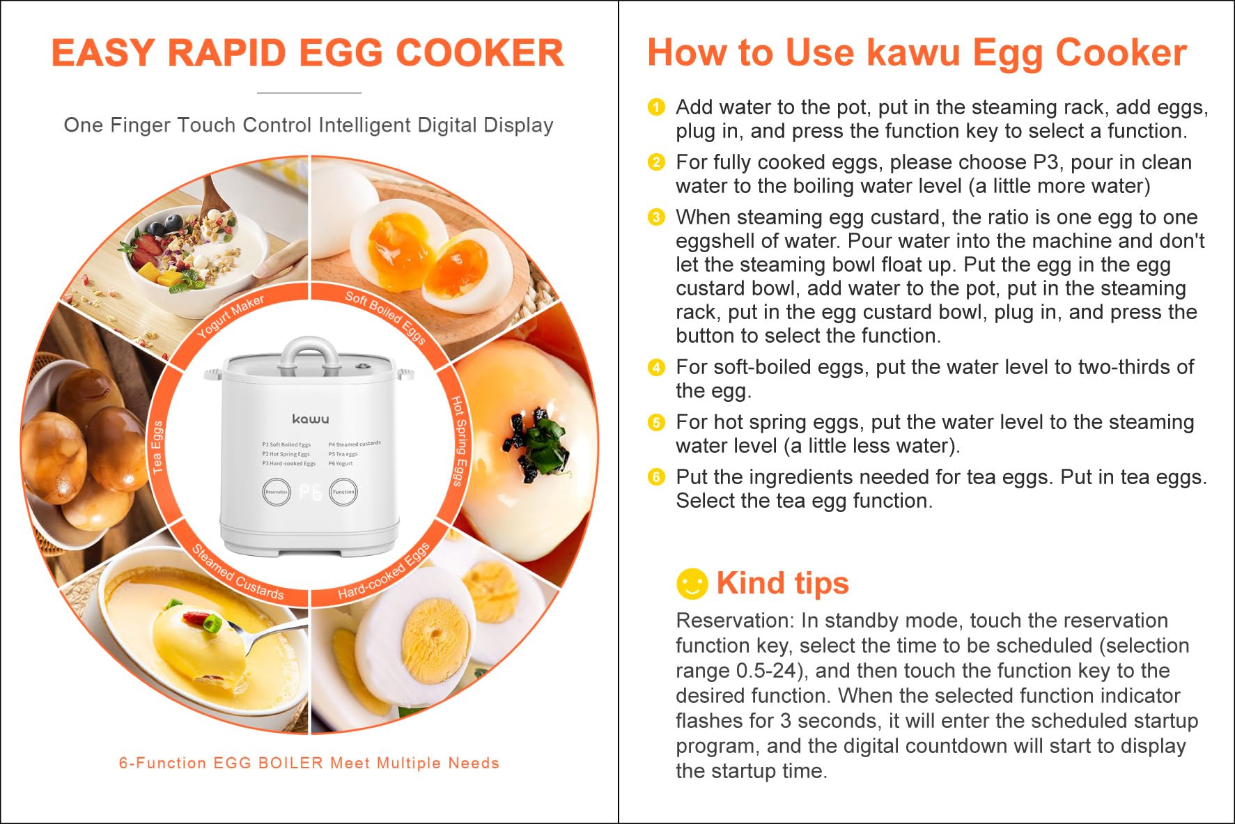Kawu 6-Function Egg Cooker for Hard Boiled Eggs, Egg Boiler with Timer, Egg Cooker for Soft Boiled Egg, Electric Egg Boiler with Auto Shut Off &Alarm, W/Bowl&Rack