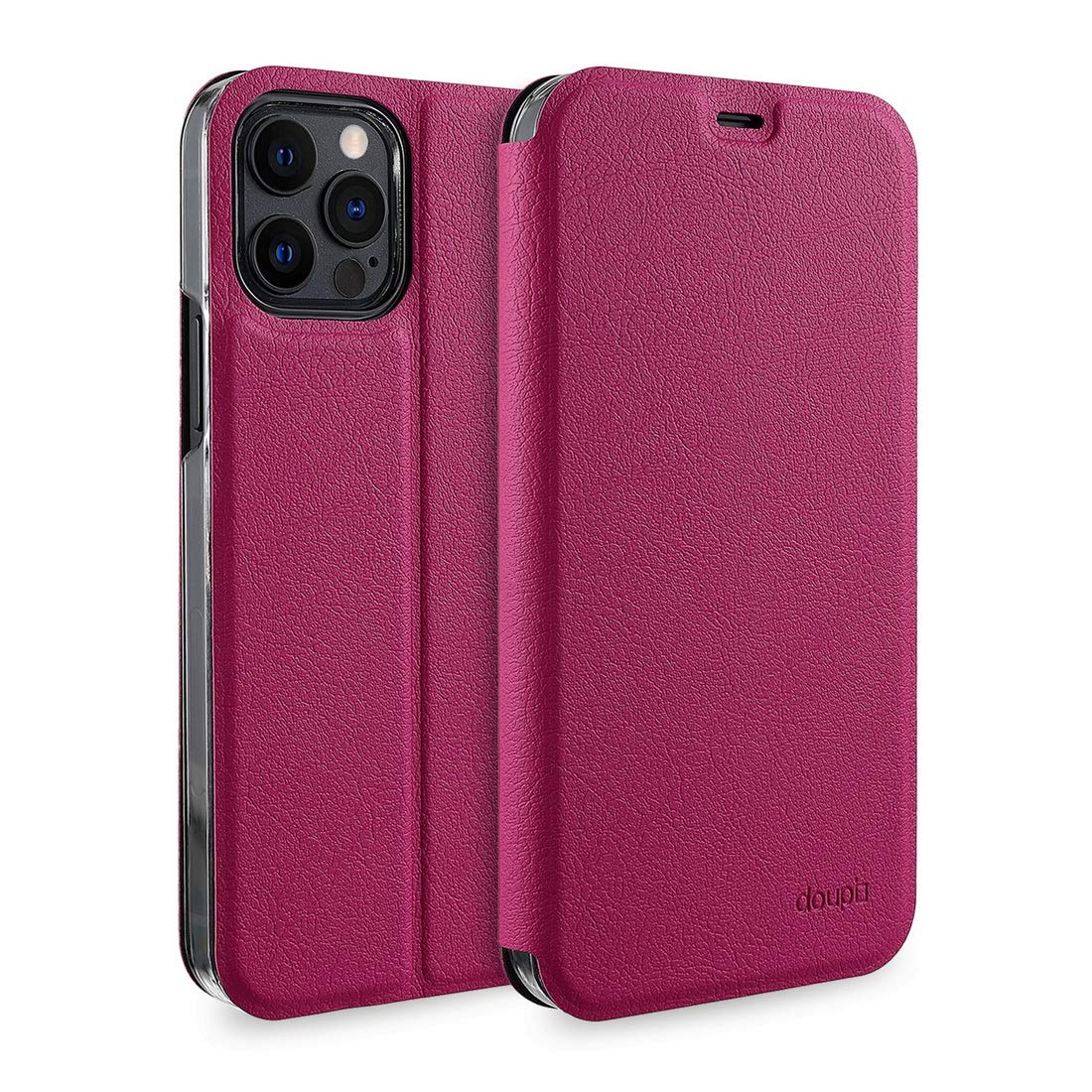 doupi FlipCase for iPhone 12 / iPhone 12 Pro (6.1 inch) - Deluxe Leatherette Magnet Book Style Screen Protector Stand Protective Flip Cover, red pink