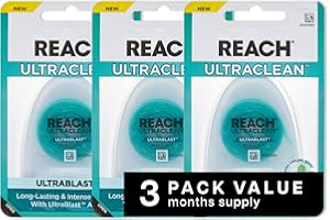 REACH® ULTRACLEAN ULTRABLAST, Cool Mint Dental Floss, Plaque Remover for Teeth, Shred Resistant, Waxed, Easy on Gums & Teeth, Fresh Breath, Oral Care, PFAS Free, for Adults & Kids, 3 PK, 25 YD