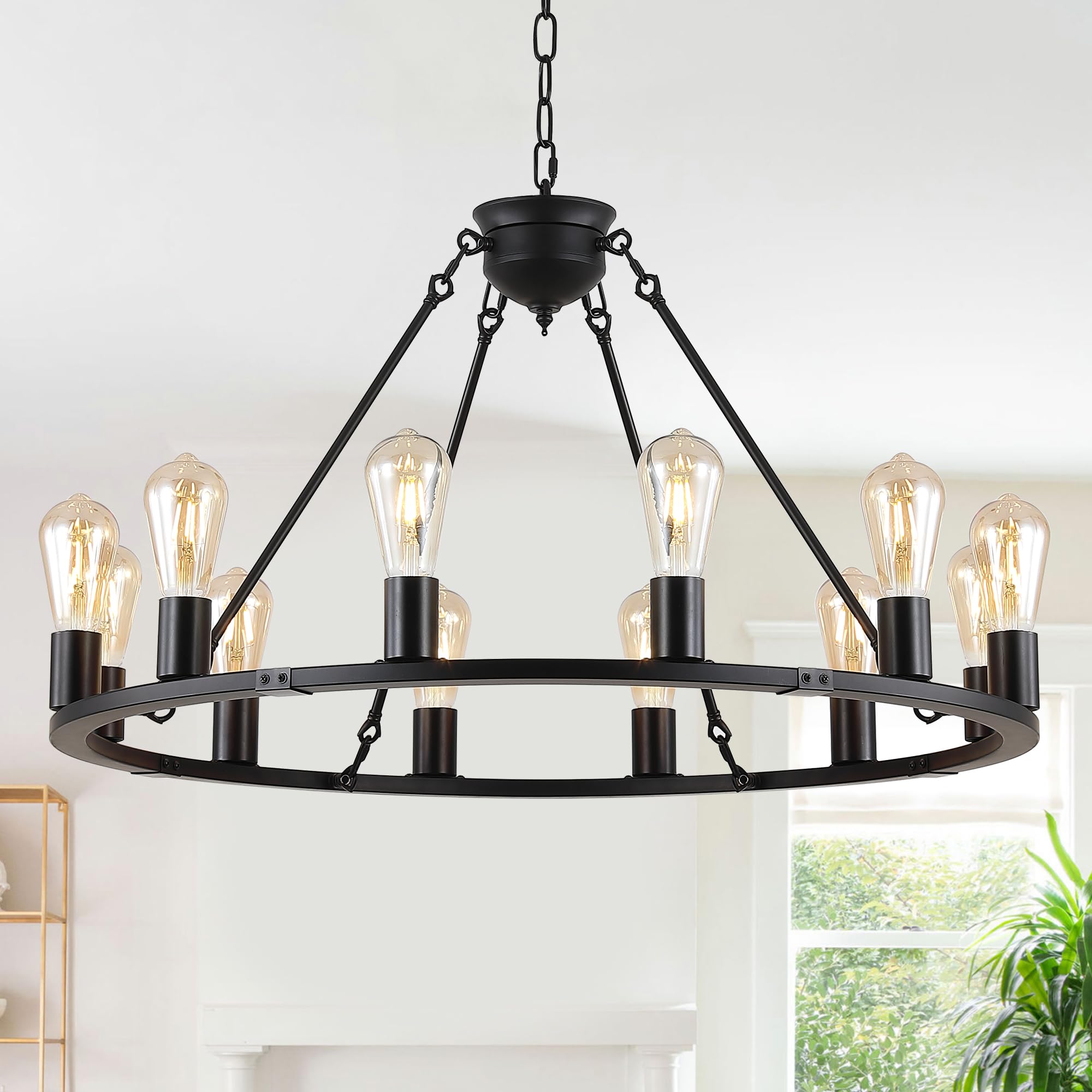 Photo 1 of (used)(see all images) LEDIARY 32 Inch 12 Lights Wagon Wheel Chandelier, Black Farmhouse Chandeliers for Dining Room Over Table, Modern Rustic 