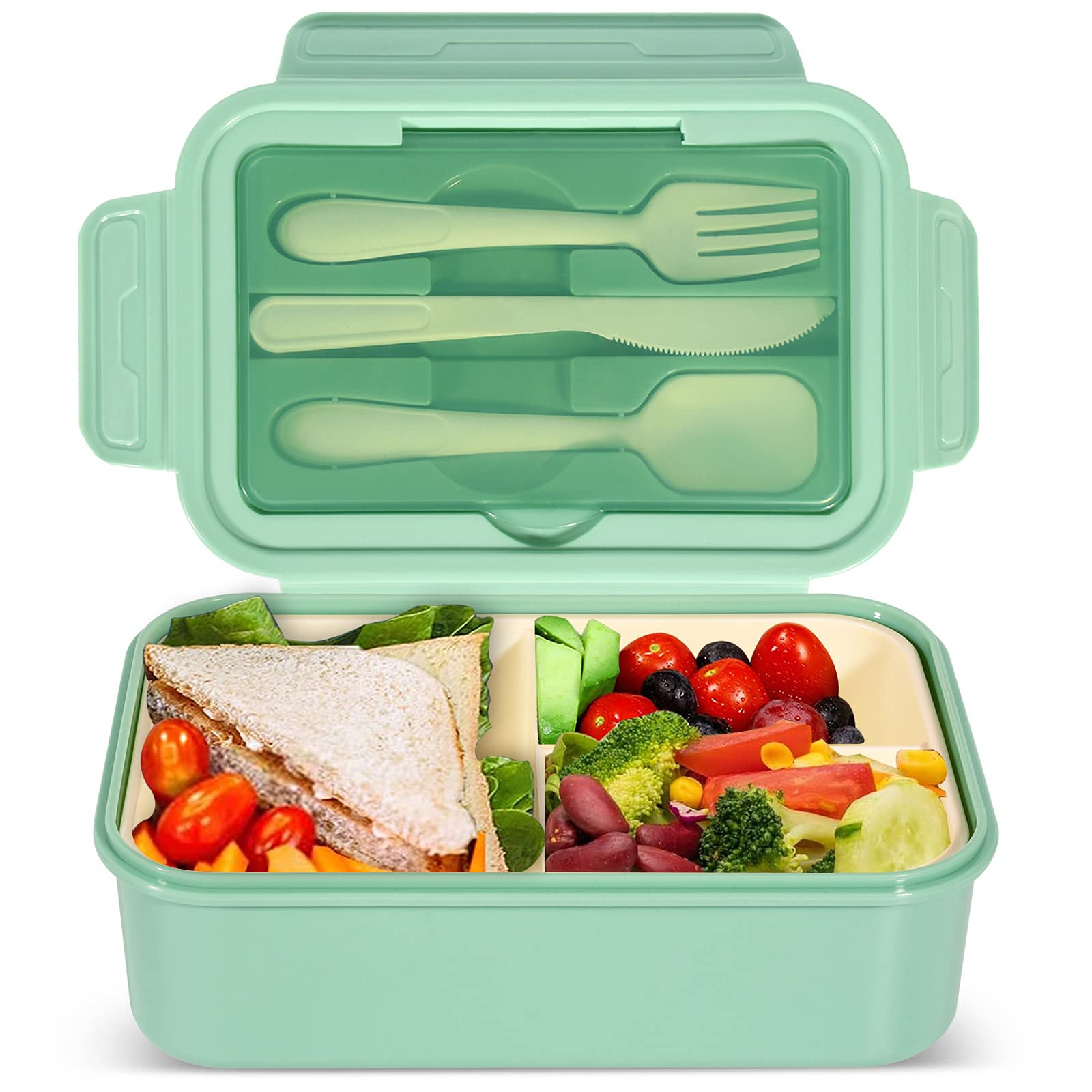 IJIAMY 1400ml Bento Lunch Box, Container with 3 Compartments, Cutlery, Dishwasher, BPA Free Sandwich Box for Adults and Kids,