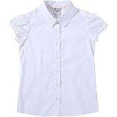 Bienzoe Girls Shirt Short Sleeve: White Button Up Kids School Uniform Cotton Oxford Collar Puff Dress Blouse