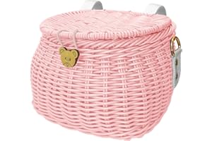Alreczio Kids Bike Basket Set, Scooter Tricycle Basket, Children's Finely Woven Backpack with Lid Shoulder Strap Front Handlebar Rattan Basket