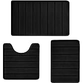 Bathroom Rugs Set Memory Foam Bath Rugs Non-Slip Bath Mat Set 3 Piece,Washable Bathroom Mats,Absorbent Shaggy Rugs Super Soft U-Shaped Toilet Rug,Bahroom Carpets for Bathroom,Tub,Shower（Black）