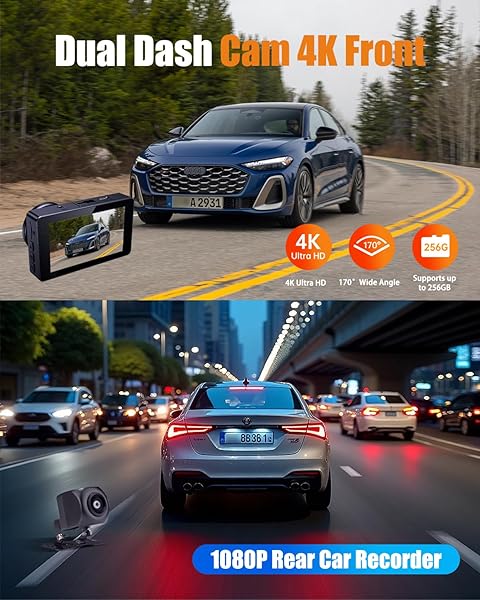 DASH CAM FRONT AND REAR, 2.5K+1080P DUAL DASH CAMERA FOR CARS, 3’’ DISPLAY MINI CAR CAMERA, G-SENSOR DASHCAM, NIGHT VISION, 24H PARKING MODE, LOOP RECORDING, 170°WIDE ANGLE, 32GB CARD INCLUDED