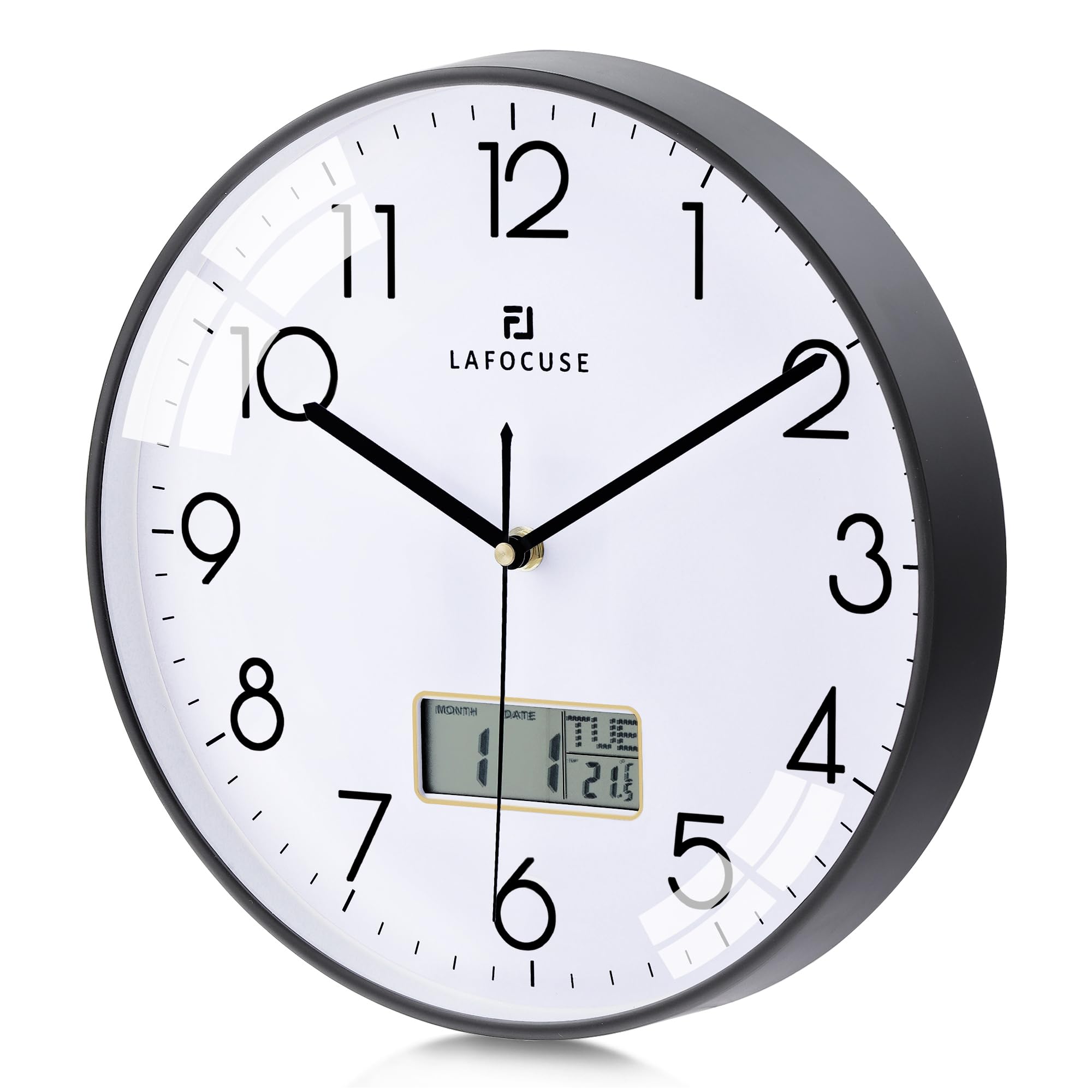 Lafocuse 12 Inch Silent Black Wall Clock with Date and Day, Temperature, Day of Week, Kitchen Wall Clocks for Living Room Modern, LCD Digital Wall Clock Battery Operated Office Bedroom — image 1
