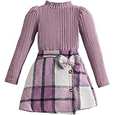 Axumity Toddler Kid Girls Plaid Outfits Girls Long Sleeve Knit Ribbed Shirt Tops Plaid Skirt Set Fall Winter Clothes